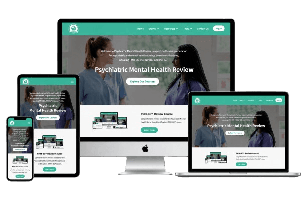 Study for PMH-BC on Any Device PMH-BC review course by Psychiatric Mental Health Review displayed on mobile and tablet devices