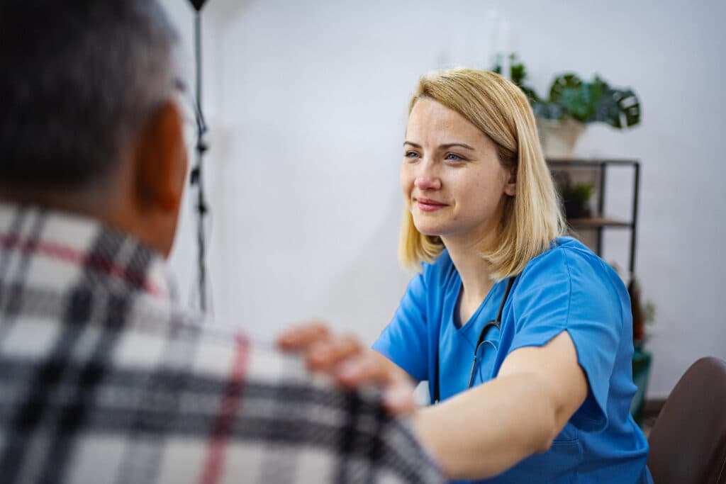Course Highlights Psychiatric Mental Health Review course highlights - a mental health clinician providing attentive patient care during a clinical visit